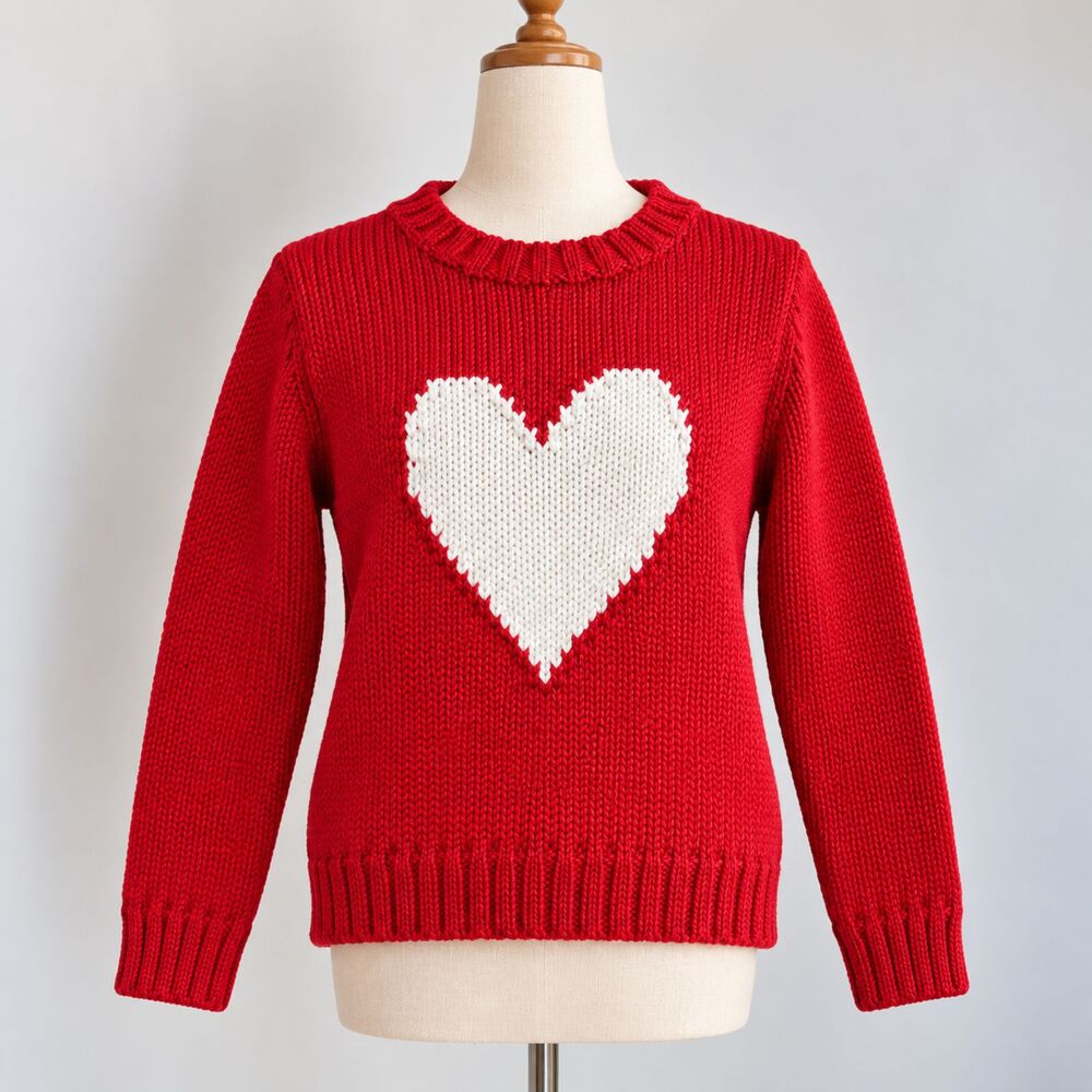 Chelsea & Theodore Womens S Red White Heart Sweater Crewneck Valentine Pullover